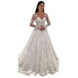 Women Lace Wedding Dress Lace Deep V Long Sleeve Formal Dress
