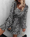 Homecoming Dresses Tight Sexy Print Pleated Tight Waist Long Sleeve Dress