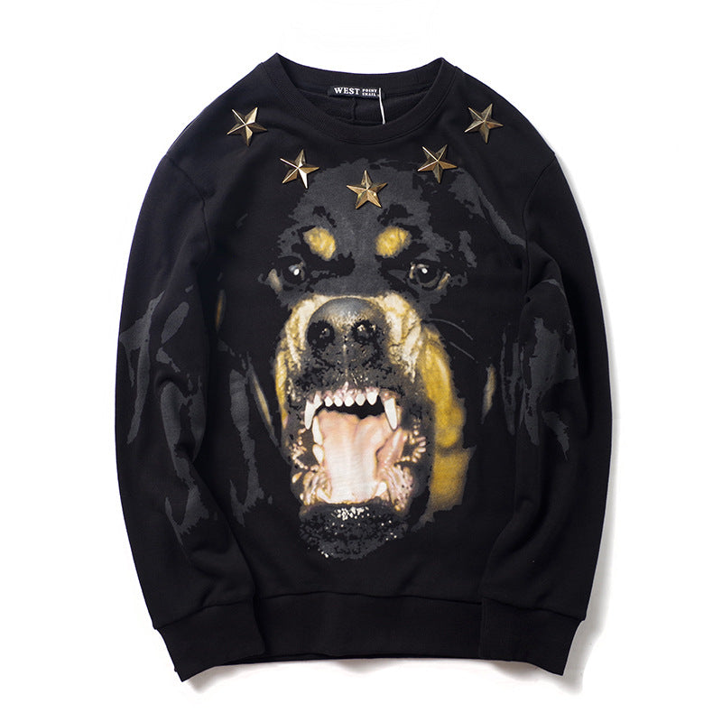 GVC Hoodie Rivet Five-Pointed Star Evil Dog Head Printed round Neck Pure Cotton