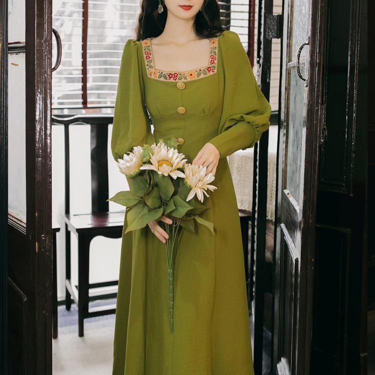 Vintage Green Square Collar Embroidered Dress Cottagecore Aesthetic Dress