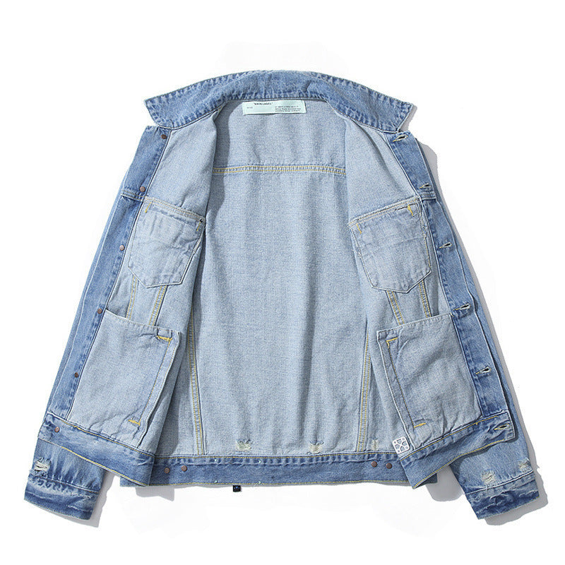 Men's OW Fashion Brand Arrow Distressed Denim Coat jacket