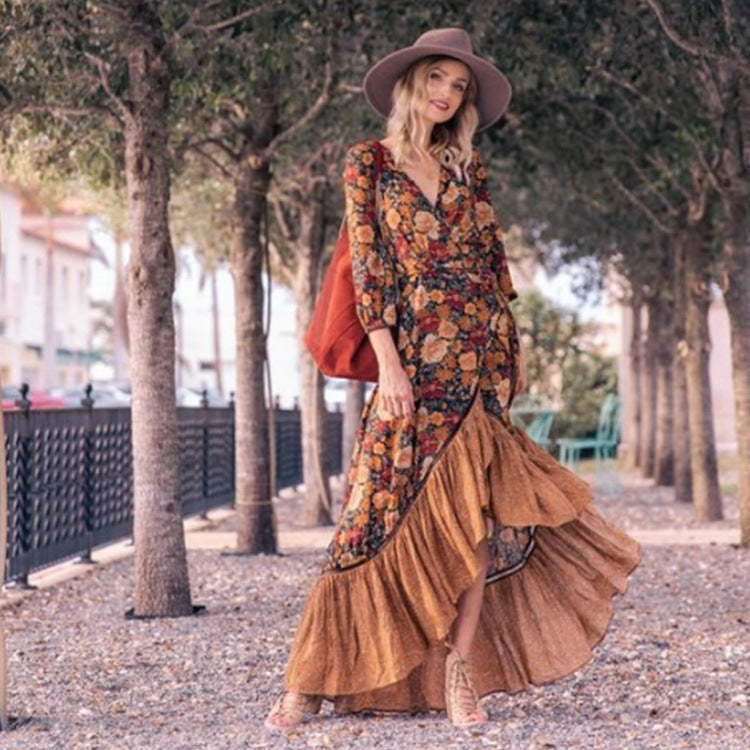 Bohemian Coachella Outfits Long Sleeve Vintage Print Dress