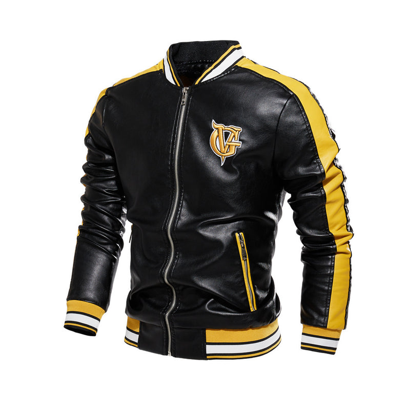 Graphic Leather Jacket Women Men's Pu Jacket British Motorcycle Clothing Fall Color-Blocking Fleece Leather Jacket Male