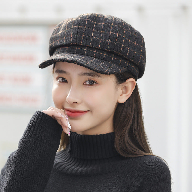 Check Beret Hat Autumn and Winter Plaid Beret Batch Hat Female