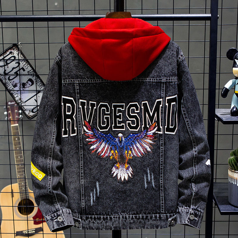 Men Denim Jacket Men's Denim Coat Spring and Autumn Hooded Spring Top