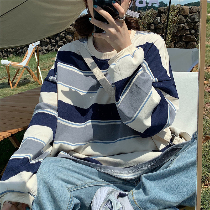 Men Sweatshirts Autumn Solid Color Striped Loose Top round Neck Sweaters Women's Clothing