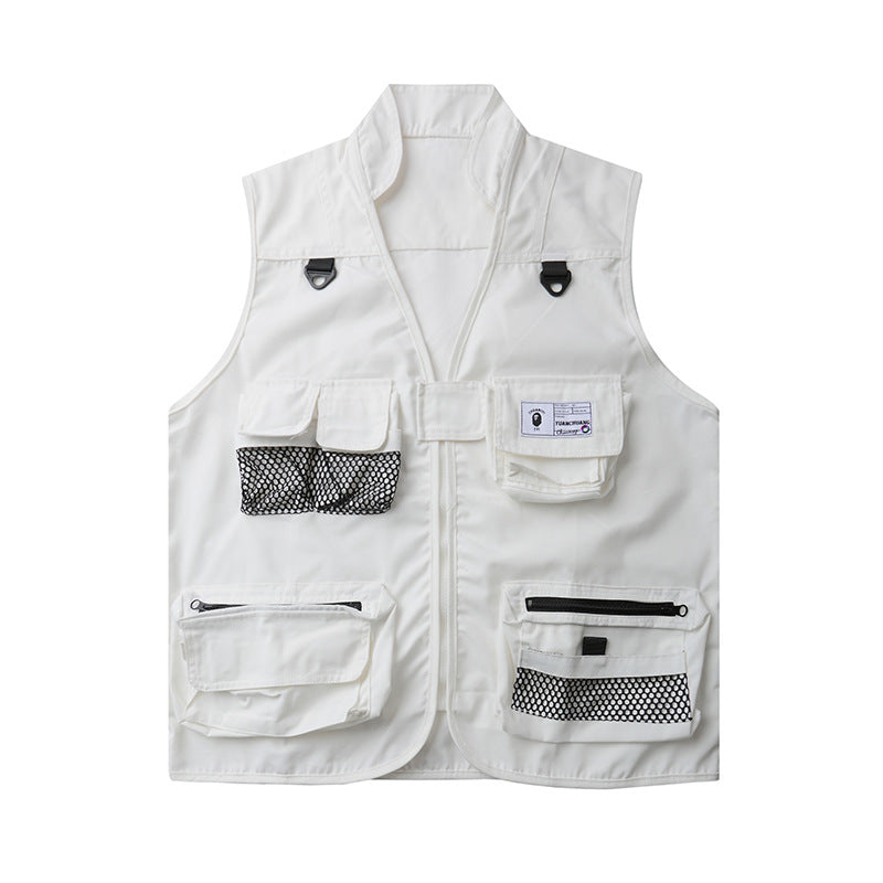 Men Sweater Vest Solid Color Multi-Pocket Workwear Vest Men's Jacket Loose Sleeveless Jacket