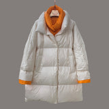 Women Winter Coat Puffer Jacket Down Coat Winter Double-Layer Collar Contrast Color Mid-Length Warm White Duck Down Coat