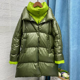 Women Winter Coat Puffer Jacket Down Coat Winter Double-Layer Collar Contrast Color Mid-Length Warm White Duck Down Coat
