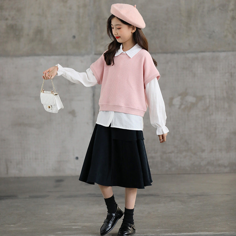 Sweater Set Three-Piece Set Autumn and Winter Long Sleeve Shirt Children Girl's Spring Clothes
