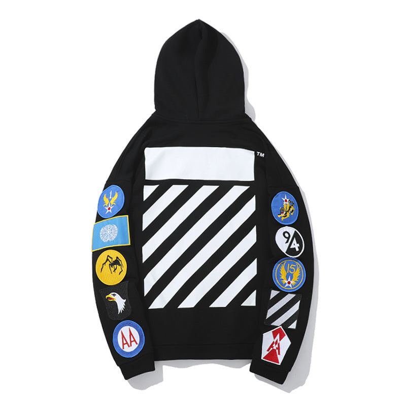 OW Embroidery on Sleeves Zipper  Loose All-Match Diagonal Striped Sweater hoodie