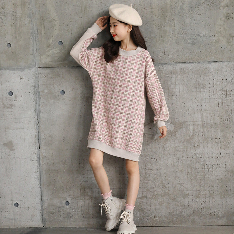 Mid-Length Spring, Autumn and Winter Children's Sweater round Neck Plaid Long Sleeve Children Girl's Dress