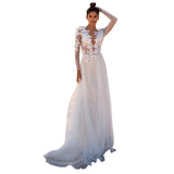 Women Lace Wedding Dress Summer Dress V-neck Long Sleeve See-through White Dress