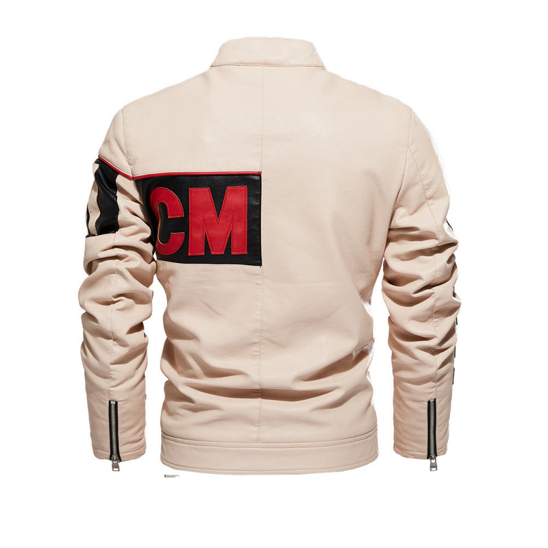 Graphic Leather Jacket Women Men's Motorcycle Clothing Color Matching Pu Jacket Fleece-Lined Cream-Colored Leather Coat Men