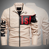 Graphic Leather Jacket Women Men's Motorcycle Clothing Color Matching Pu Jacket Fleece-Lined Cream-Colored Leather Coat Men