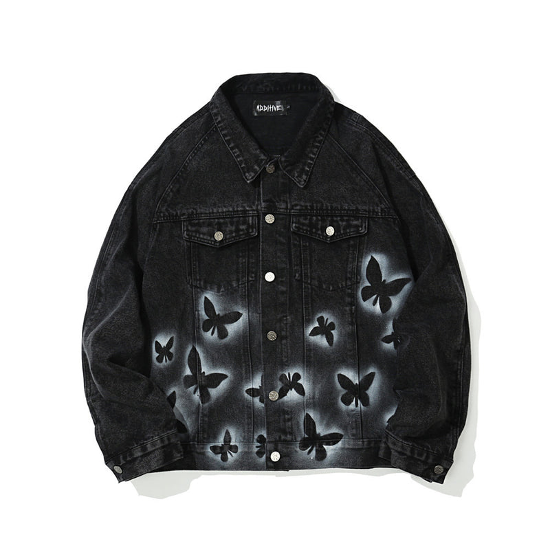 Men Denim Coat Jean Jackets Butterfly Patterned Denim Jacket Men's Jacket Boyfriend Harajuku Style Loose-Fitting Denim Clothes