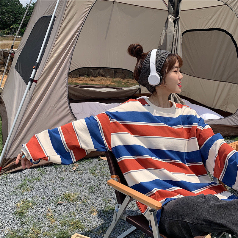 Men Sweatshirts Autumn Solid Color Striped Loose Top round Neck Sweaters Women's Clothing