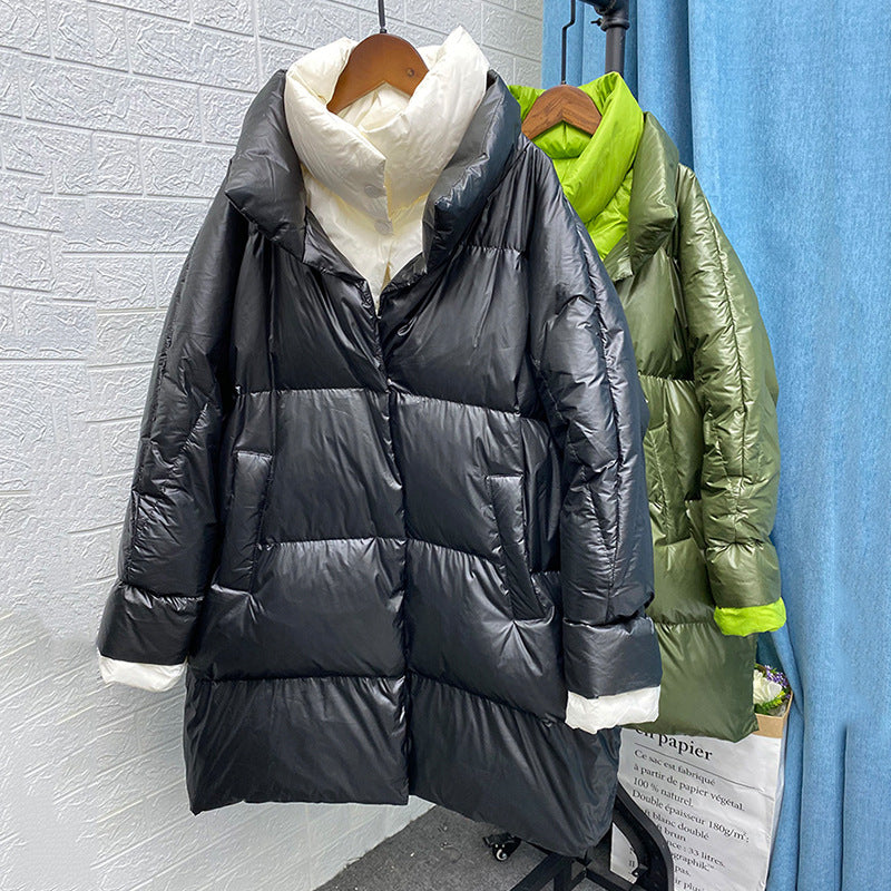 Women Winter Coat Puffer Jacket Down Coat Winter Double-Layer Collar Contrast Color Mid-Length Warm White Duck Down Coat