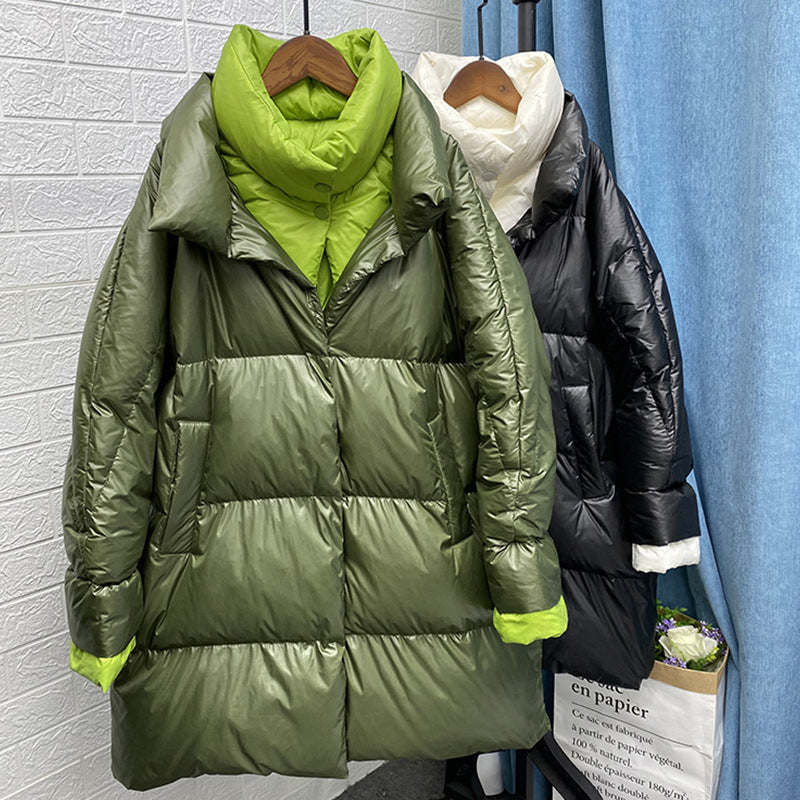 Women Winter Coat Puffer Jacket Down Coat Winter Double-Layer Collar Contrast Color Mid-Length Warm White Duck Down Coat