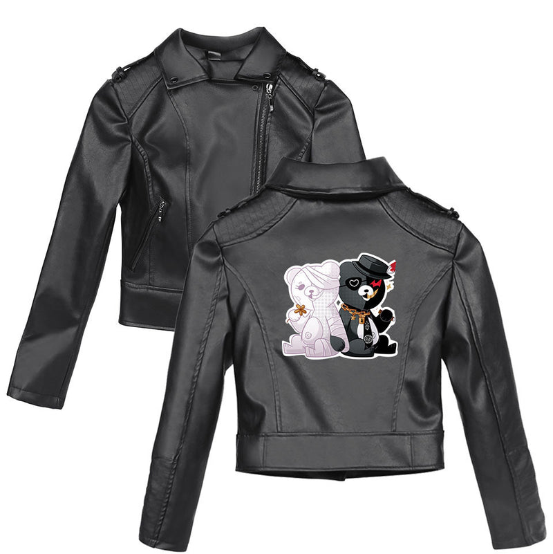 Graphic Leather Jacket Women's Dangan Ronpa Black and White Bear Trend Women's Leather Coat