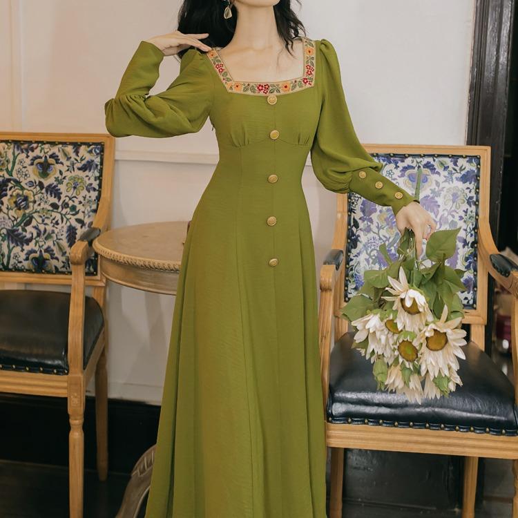 Vintage Green Square Collar Embroidered Dress Cottagecore Aesthetic Dress