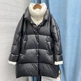 Women Winter Coat Puffer Jacket Down Coat Winter Double-Layer Collar Contrast Color Mid-Length Warm White Duck Down Coat