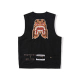 Shark Print T Shirt Embroidered Tiger Head Golden Vest