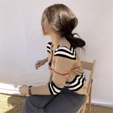 Striped Cardigan Mid-Length Color Block V-neck Sweater Coat Loose Women Top