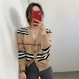 Striped Cardigan Mid-Length Color Block V-neck Sweater Coat Loose Women Top