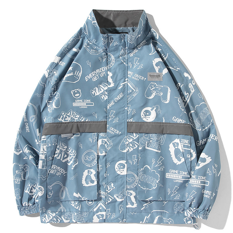 Grafitti Sweatshirts Autumn Graffiti Printing Men's Loose Zip Trench Coat Coat Jacket