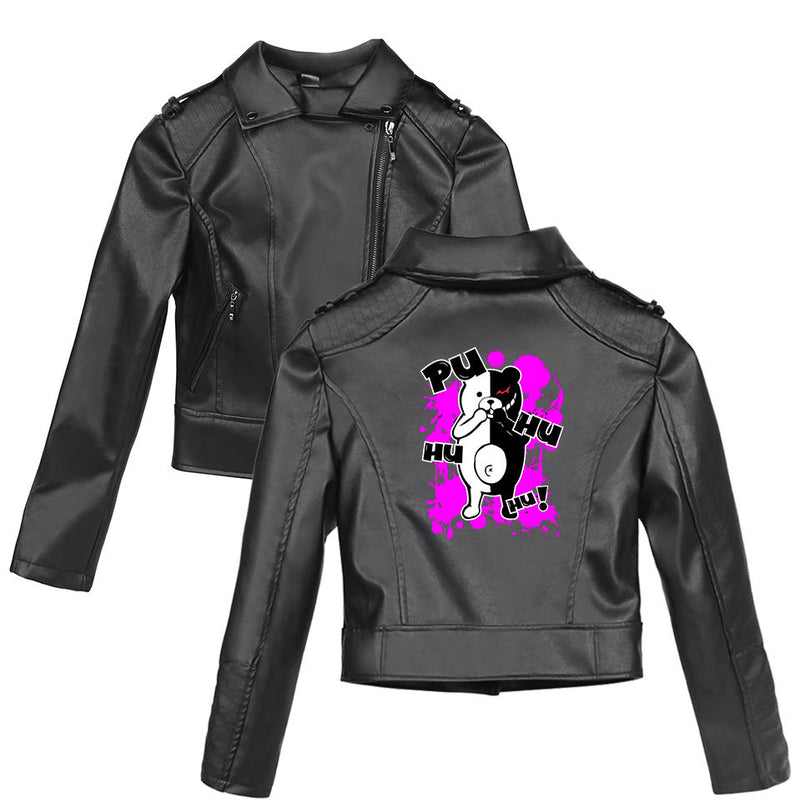Graphic Leather Jacket Women's Dangan Ronpa Black and White Bear Trend Women's Leather Coat