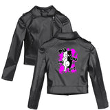 Graphic Leather Jacket Women's Dangan Ronpa Black and White Bear Trend Women's Leather Coat
