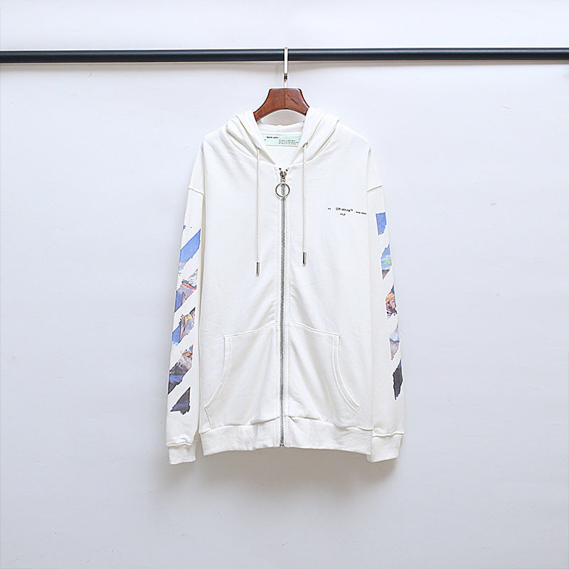 Autumn and Winter off Ow Oil Painting Zipper  Coat Large Size Loose Male and Female Couples Wear Hooded Sweater hoodie