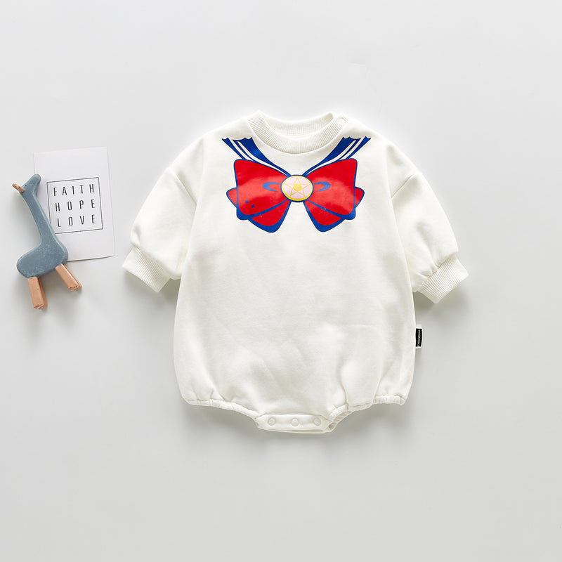 Winter Rompers Autumn and Winter Cute Printed Bow Collar Long-Sleeved Jumpsuit Onesie