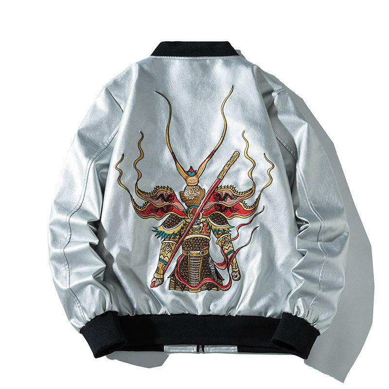 Graphic Leather Jacket Women's Spring and Autumn Air Force Flight Suit Leather Men's Baseball Collar PU Leather Harley Pilot Couple Jacket Jacket