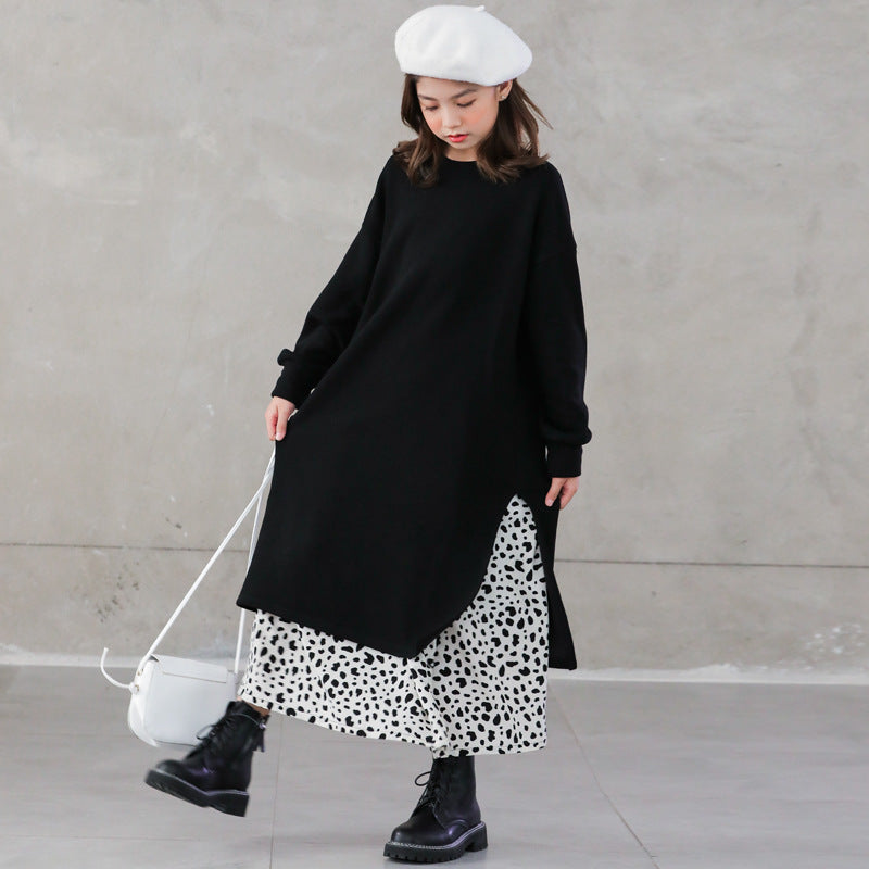 Girls' Skirts Autumn and Winter Fleece-Lined Thick round Neck Long-Sleeved Black Dress Children Dress