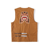 Shark Print T Shirt Embroidered Tiger Head Golden Vest