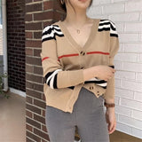 Striped Cardigan Mid-Length Color Block V-neck Sweater Coat Loose Women Top