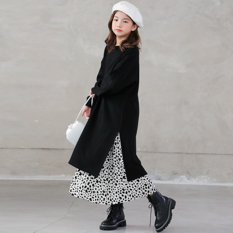 Girls' Skirts Autumn and Winter Fleece-Lined Thick round Neck Long-Sleeved Black Dress Children Dress