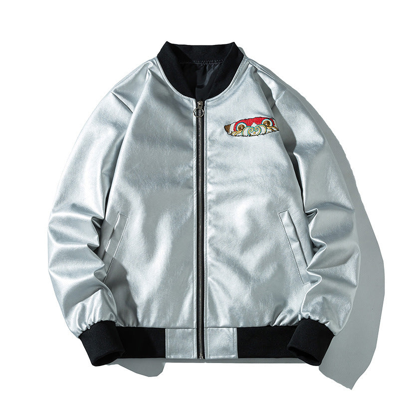 Graphic Leather Jacket Women's Spring and Autumn Air Force Flight Suit Leather Men's Baseball Collar PU Leather Harley Pilot Couple Jacket Jacket