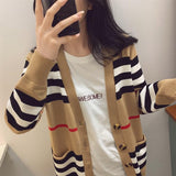 Striped Cardigan Mid-Length Color Block V-neck Sweater Coat Loose Women Top