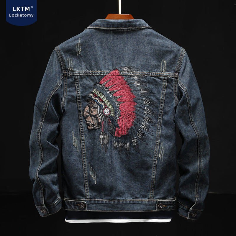 Denim Varsity Jacket Spring and Autumn Indian Embroidered Denim Jacket Men's Slim Fit Jacket Denim Coat