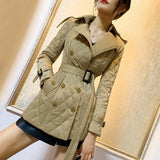 Slim Fit Tied Double Breasted Diamond Lattice Long Cotton Coat Coat