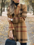 Long Sleeve Stand Collar Plaid Printed Woolen Coat