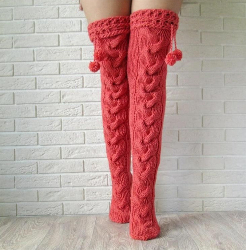 Winter Thick Knit Thigh High Socks Long Stockings Boot Knitted Garter Fur Ball over the Knee Stockings