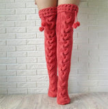 Winter Thick Knit Thigh High Socks Long Stockings Boot Knitted Garter Fur Ball over the Knee Stockings