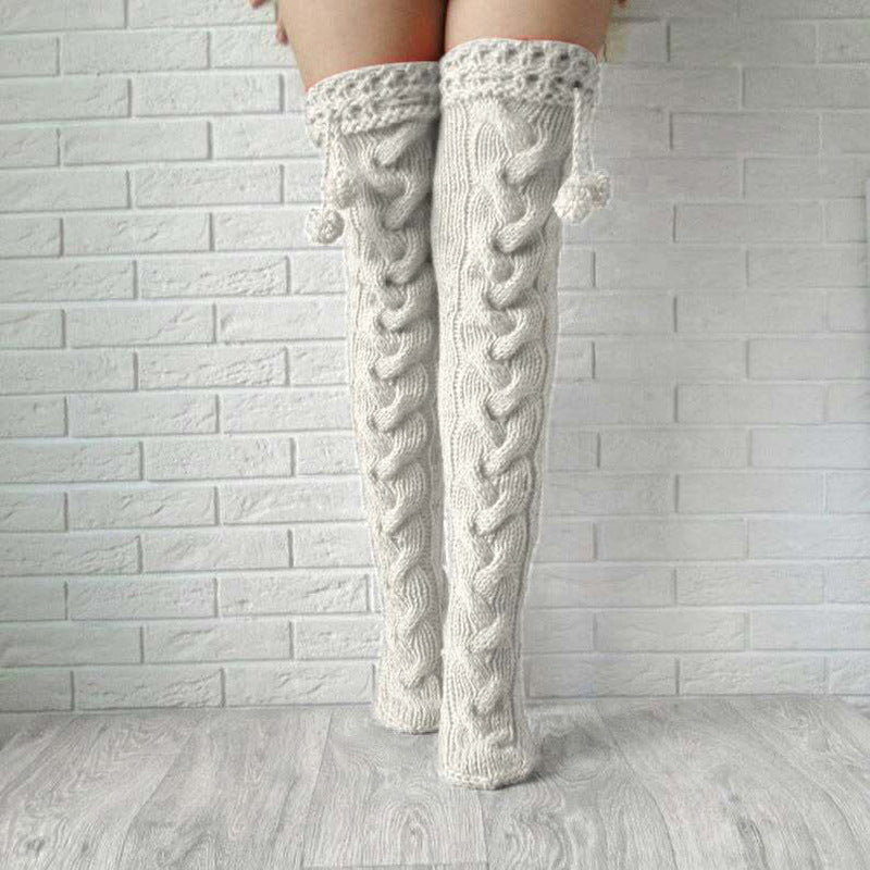 Winter Thick Knit Thigh High Socks Long Stockings Boot Knitted Garter Fur Ball over the Knee Stockings