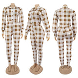 Women Plaid Catsuit Women Checkered Jumpsuit Fashion Fall and Winter Lapels Slim Fit Puff Sleeve Women's Plaid Printed Jumpsuit