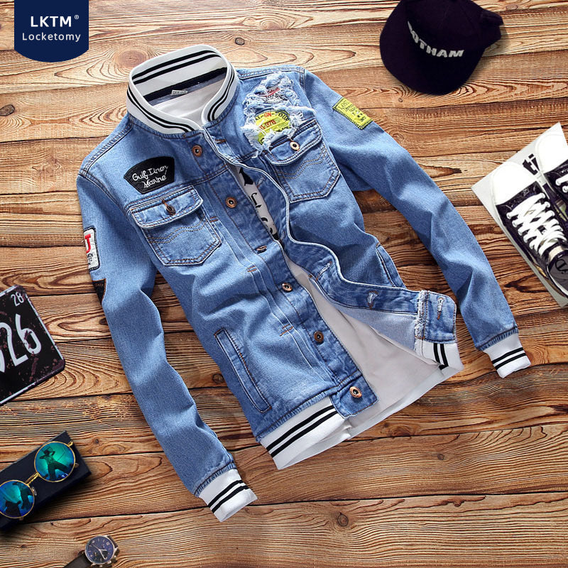 Denim Varsity Jacket Men's Coat Spring and Autumn Denim Jacket Men's Stand Collar Top Men's Baseball Clothing