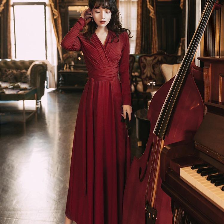 Early Autumn Retro Long-Sleeved Wine Red Dress Waist-Tight Dress Red Retro Vintage Cottagecore Aesthetic Flowy Victoria cottage core Dress